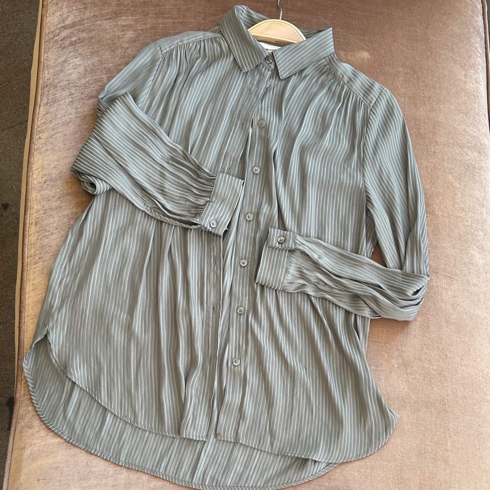 Olive green Pretty Office Business Blouse Button Down Shirt Top Stripe Satin sz6